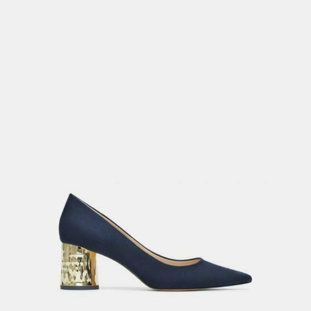 ZARA LAMINATED PUMPS SHOES Block Heel Navy Blue/Gold Heel - Picture 3 of 9